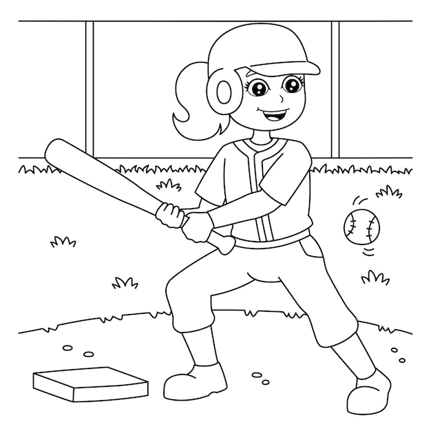 Desenho de menina jogando beisebol para colorir para crianças