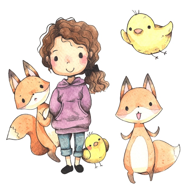 Vetor desenho de menina, raposa e pintinho