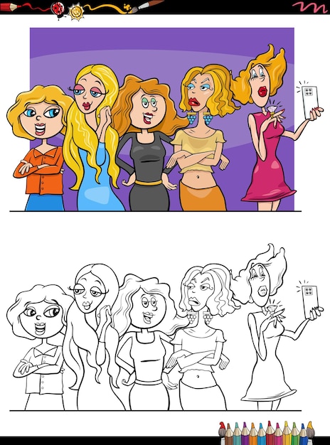 Desenho de meninas bonitas em quadrinhos ou grupo de mulheres para colorir