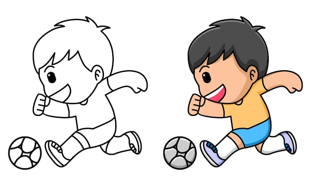 Desenho de menino bonito jogando futebol para colorir para crianças