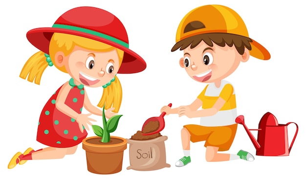 Vetor desenho de menino e menina, jardinagem no fundo branco