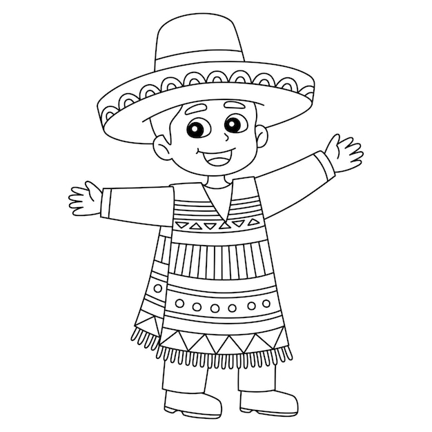 Vetor desenho de menino mexicano isolado para colorir para crianças