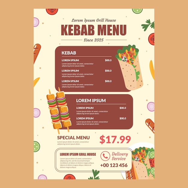 Desenho de menus de kebabs