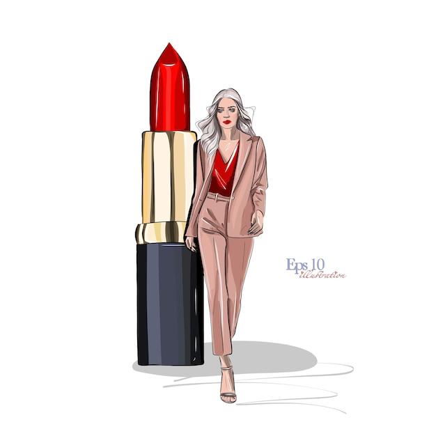 Desenho de moda e estilo mulher bonita em um terno da moda e cosméticos com batom vermelho