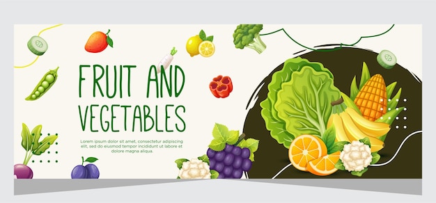 Desenho de modelo de banner de alimentos frutícolas e vegetarianos
