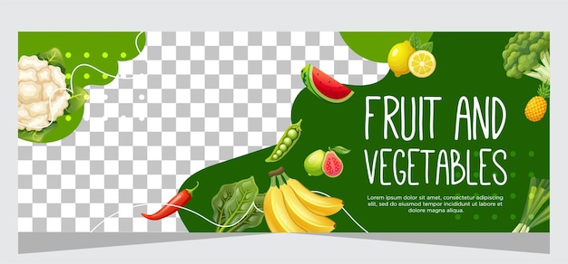 Vetor desenho de modelo de banner de alimentos saudáveis vegetarianos e frutas