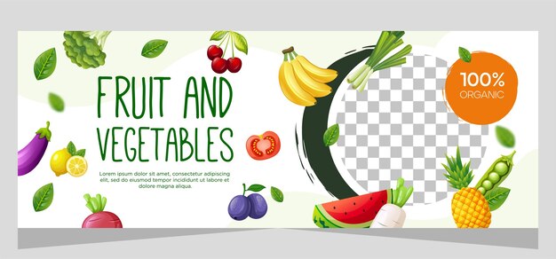 Vetor desenho de modelo de banner de alimentos saudáveis vegetarianos e frutas