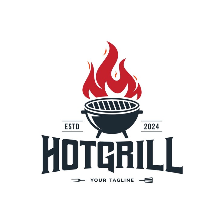 Vetor desenho de modelo de logotipo de churrasqueira de churrasco quente