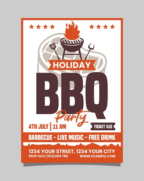 Desenho de modelo vetorial de panfleto vertical ou cartaz de festa de BBQ de férias