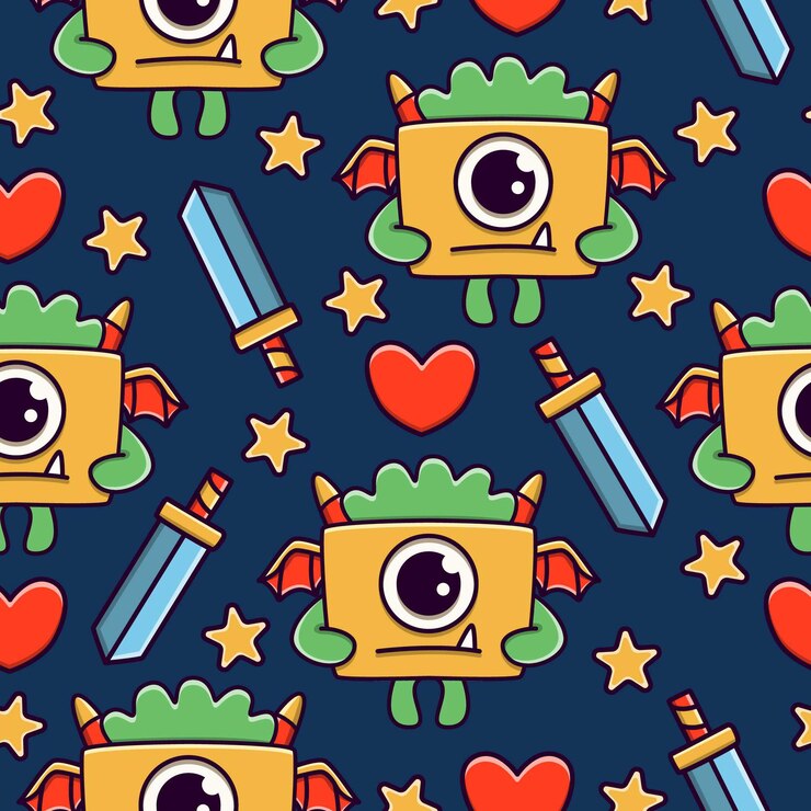 Vetor desenho de monstro fofo doodle desenho padrão sem emenda