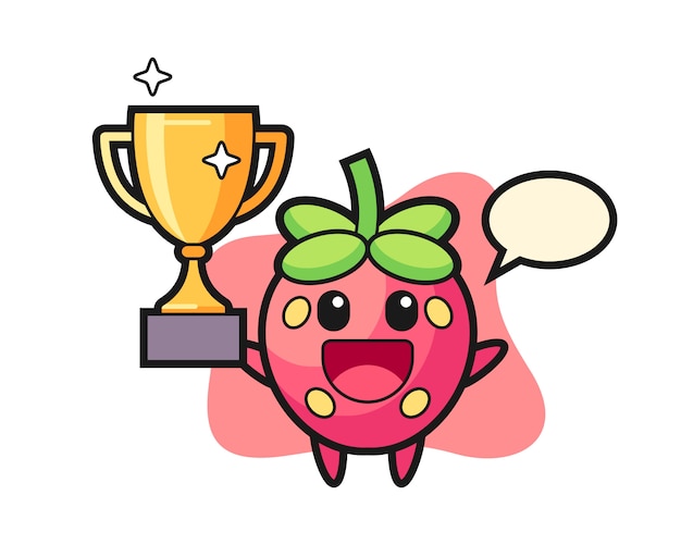 Desenho de morango feliz segurando o troféu de ouro