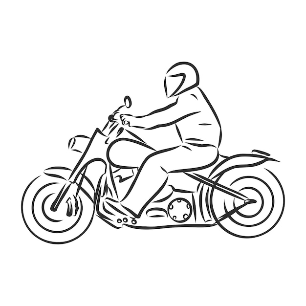 Desenho de motociclista em uma motocicleta, ilustração vetorial de contorno