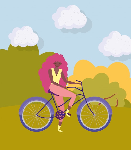 Vetor desenho de mulher com bicicleta no outono