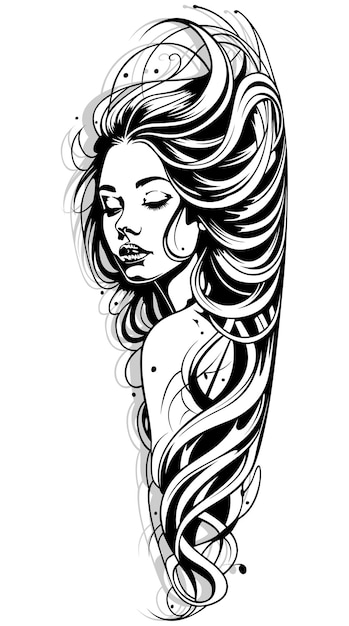 Vetor desenho de mulher com cabelo fluido tatuagem ou ilustração em preto e branco