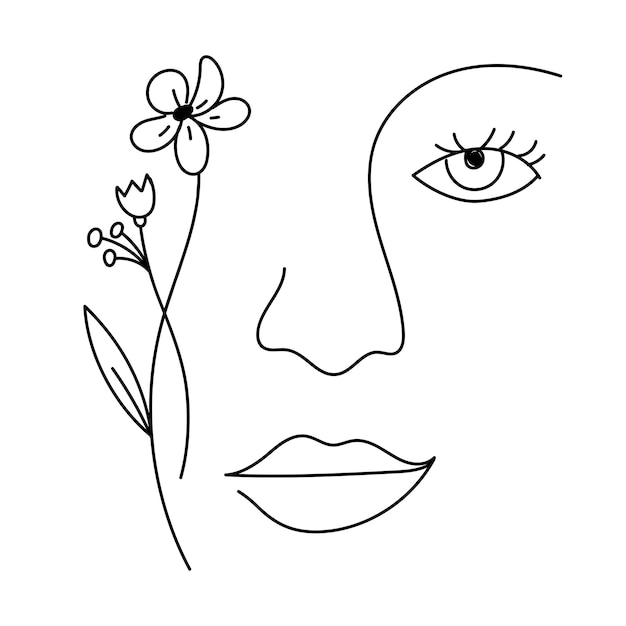 Desenho de mulher de contorno de arte de linha com lábios de olhos de flores desenhando simples