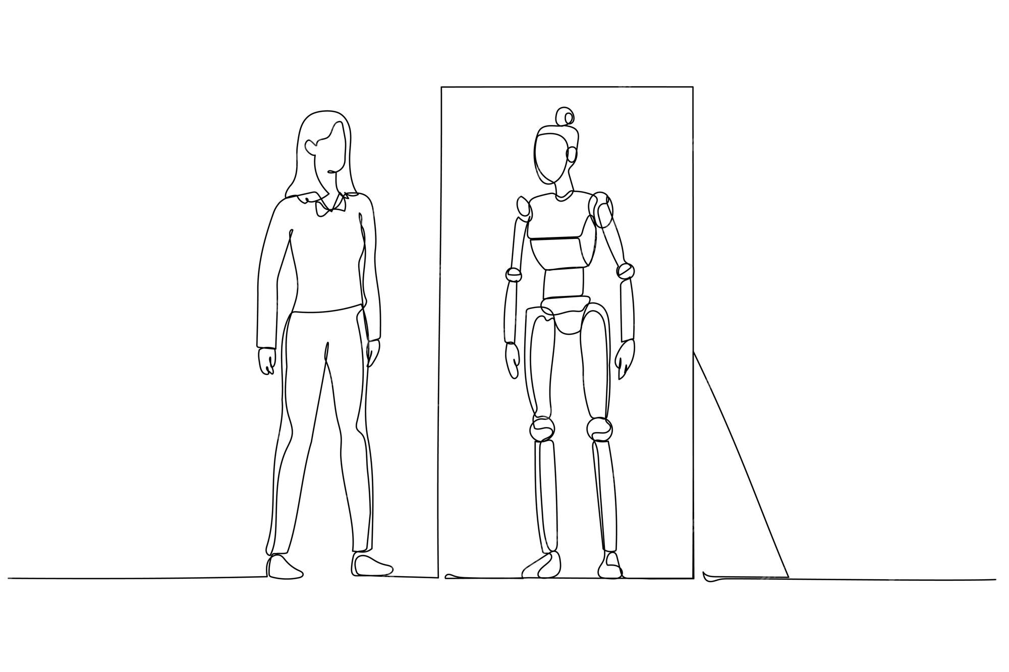 Robô De Desenho Contínuo De Uma Linha Em Pé Na Peça De Xadrez De Cavalo  Usando Telescópio Para Ver A Visão De Negócios. Estratégia De Sucesso Na  Indústria De Tecnologia. Inteligência Artificial.