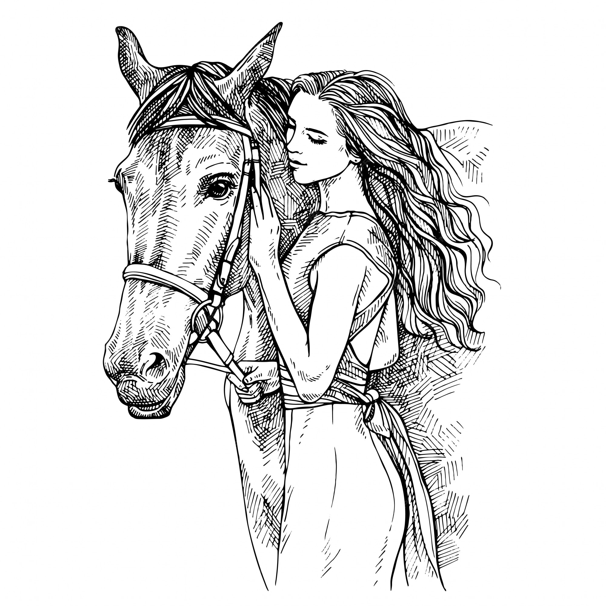 Desenho de mulher e cavalo. jovem mulher acariciando um cavalo. beleza com  cavalo. mão desenhada tinta ilustração