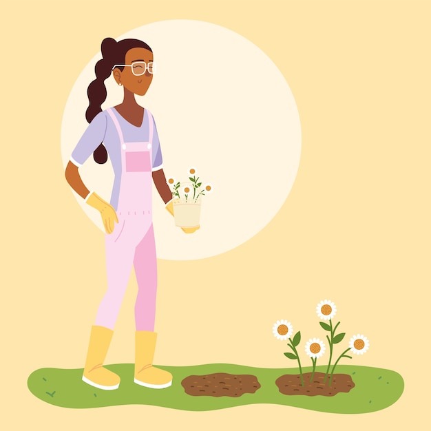 Desenho de mulher jardineira com design geral e balde de flores, jardinagem, plantio e natureza