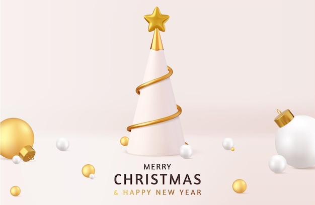 Desenho de Natal 3D árvore de cone metálico douradoabstracto árvores de Natal Natal e Ano Novo fundo cartão de saudação cartaz 3D renderização Ilustração vetorial