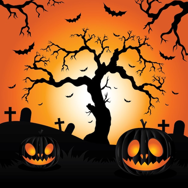 Desenho de noite de Halloween com lanternas festivas na árvore do cemitério e morcegos no céu ao nascer do sol