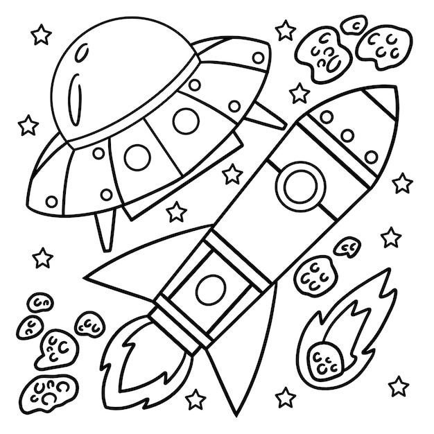 Desenho de OVNI e foguete no espaço para colorir