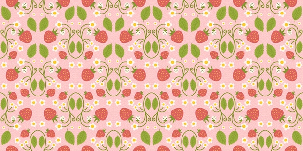 Desenho de padrão sem costura com tema de morango com deliciosas bagas flores folhas verdes