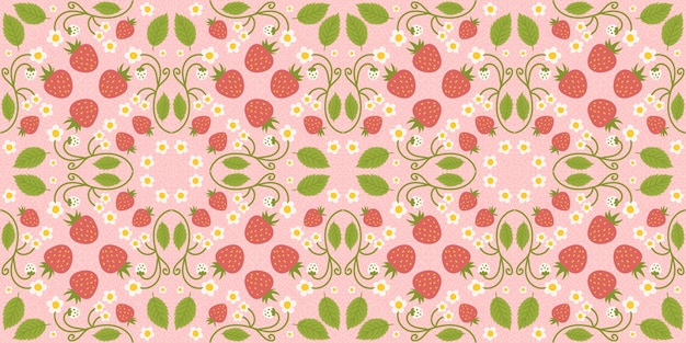 Desenho de padrão sem costura destacando morangos bagas bonitas flores folhagem verde