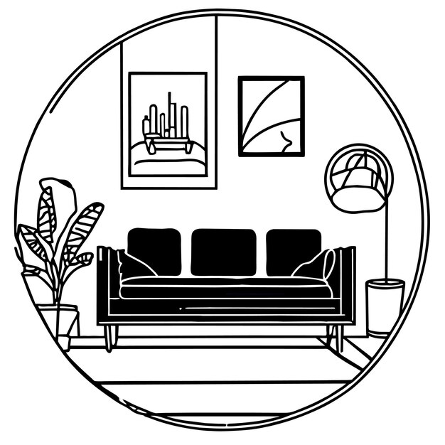 Vetor desenho de página de coloração vetorial de design de interiores de sala de estar moderna