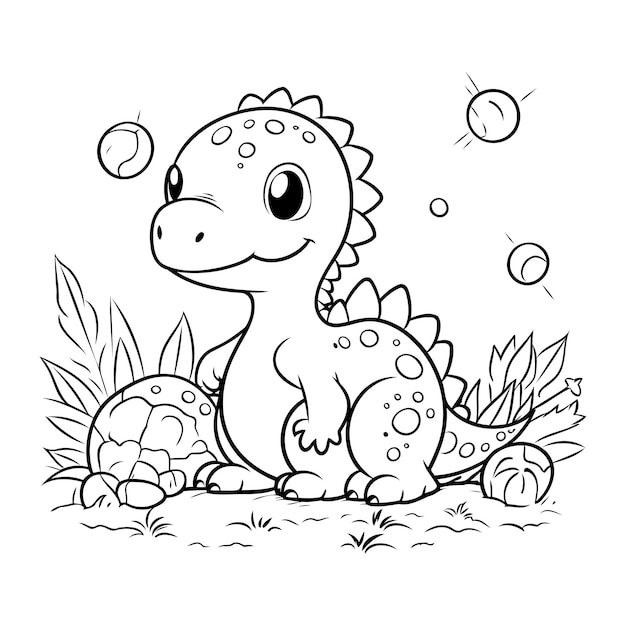 desenho de dinossauro fofo na floresta para colorir 12804575 Vetor