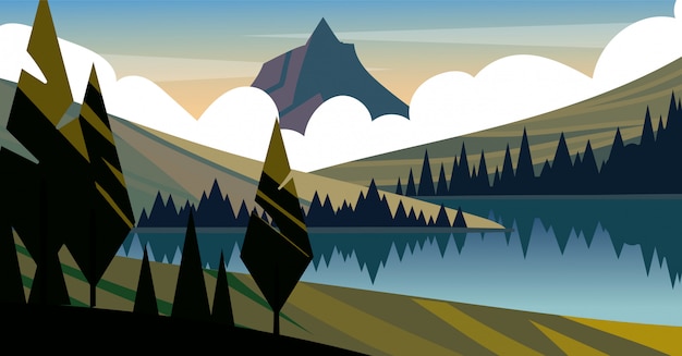 Desenho de paisagem da natureza, floresta, montanhas e lago. ilustração da paisagem plana.