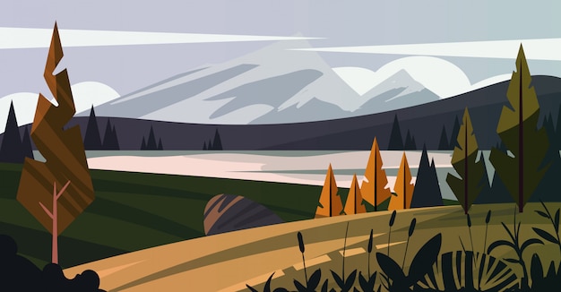 Desenho de paisagem da natureza, floresta, montanhas e lago. Ilustração da paisagem plana.