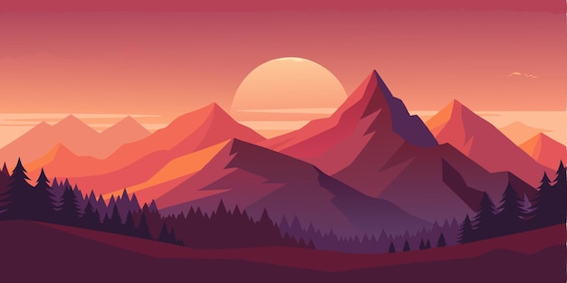 Desenho de paisagem de montanha no pôr-do-sol Ilustração vetorial