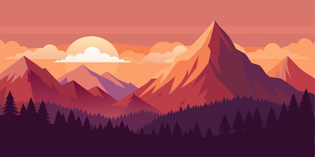 Desenho de paisagem de montanha no pôr-do-sol Ilustração vetorial