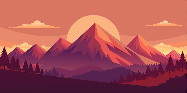 Desenho de paisagem de montanha no pôr-do-sol Ilustração vetorial