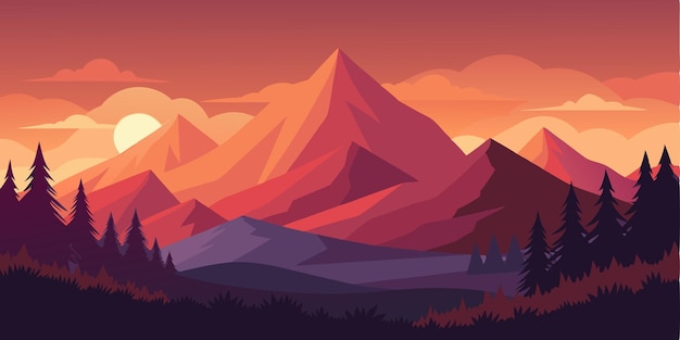 Desenho de paisagem de montanha no pôr-do-sol Ilustração vetorial