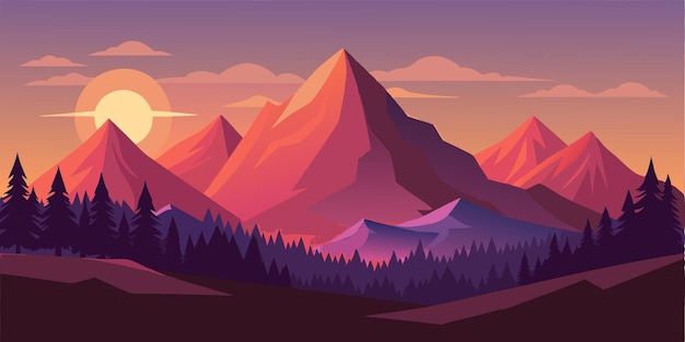 Desenho de paisagem de montanha no pôr-do-sol Ilustração vetorial