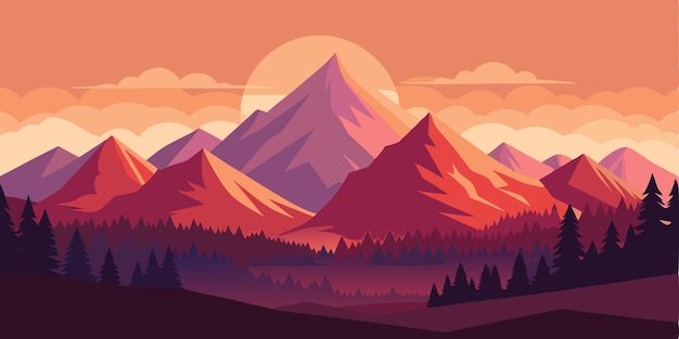 Desenho de paisagem de montanha no pôr-do-sol Ilustração vetorial