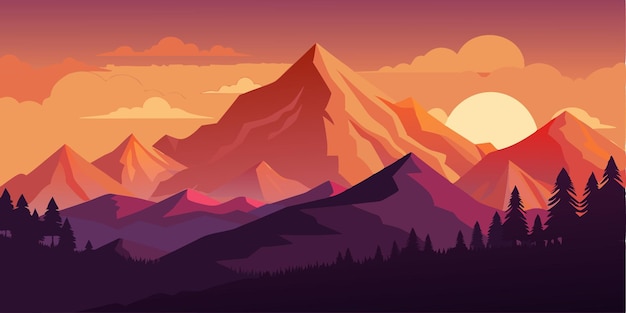Desenho de paisagem de montanha no pôr-do-sol Ilustração vetorial