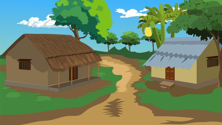 Vetor desenho de paisagem de uma estrada de aldeia indiana de uma casa com um telhado de palha e uma banana