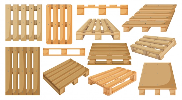 Desenho de paletes de madeira definir ícone. ilustração armazém plataforma sobre fundo branco. desenhos animados isolados definir palete de madeira de ícone.