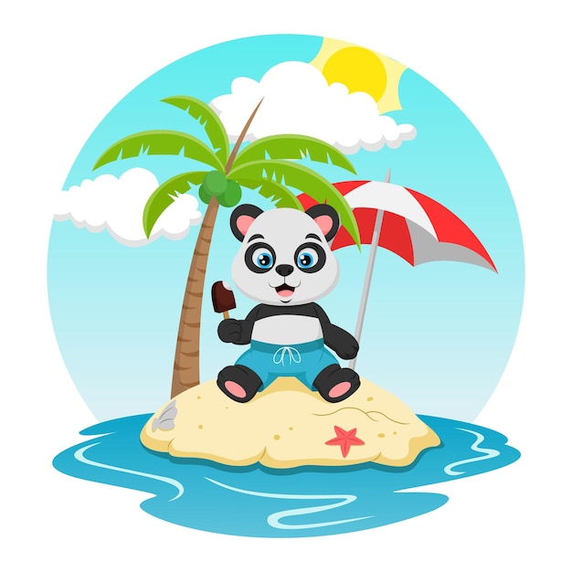 Desenho de panda fofo na praia tropical