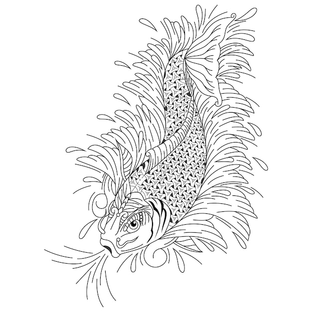 Desenho de peixes koi em estilo zentangle