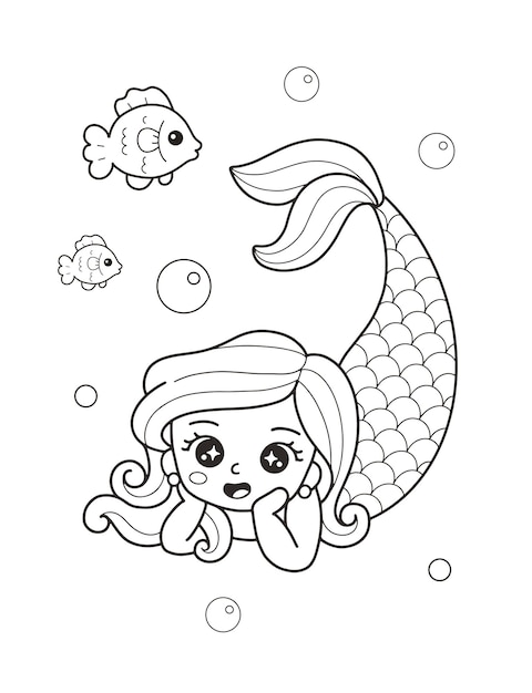 Desenho de pequena sereia com peixe para colorir