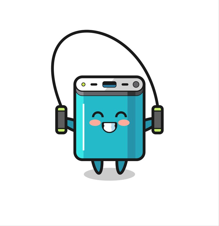 Vetor desenho de personagem power bank com corda de pular, design de estilo fofo para camiseta, adesivo, elemento de logotipo