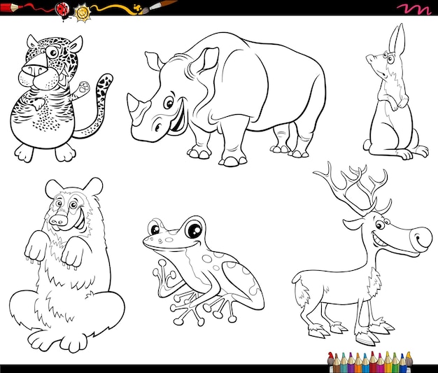 Desenho de personagens de animais selvagens de desenho animado para colorir e imprimir
