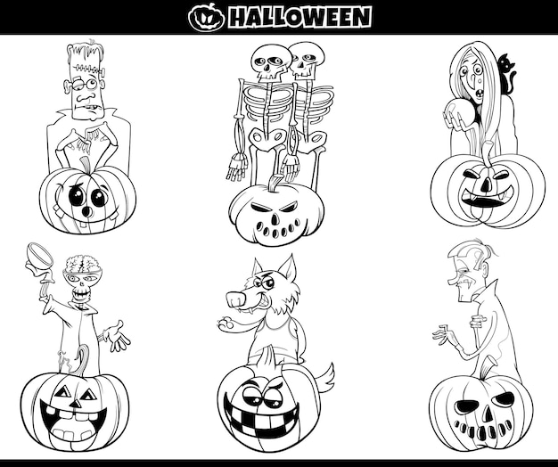 Desenho de personagens de desenhos animados de halloween com abóboras para colorir e imprimir