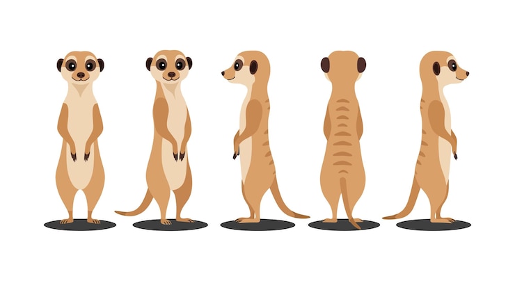 Vetor desenho de personagens meerkat em estilo plano mostrando várias poses de arte vetorial