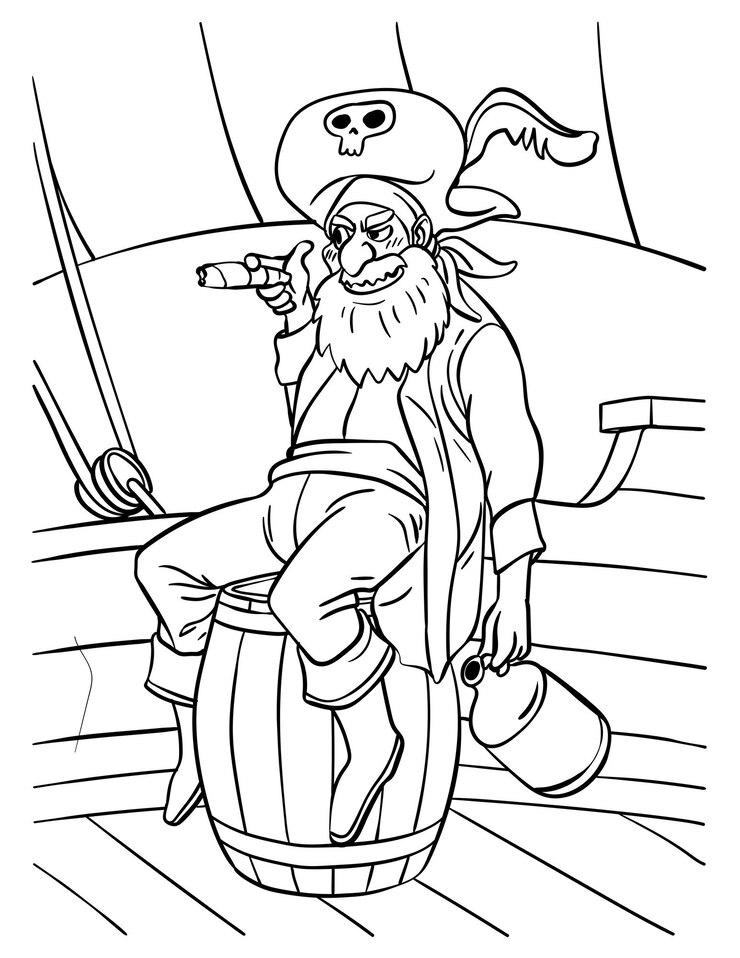 Vetor desenho de pirata sentado em um barril para colorir para crianças