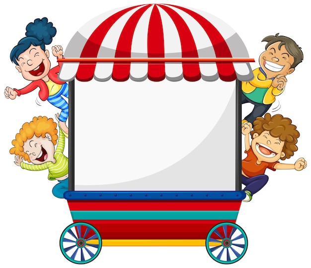 Vetor desenho de plano de fundo com quatro crianças felizes e carrinho