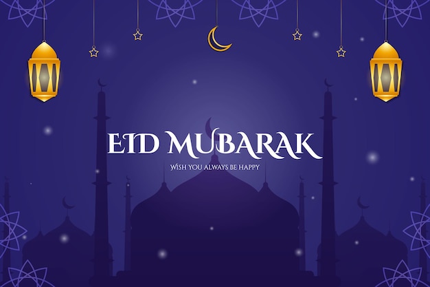 Desenho de plano de fundo de eid mubarak com mesquita e ornamento de lua estrela